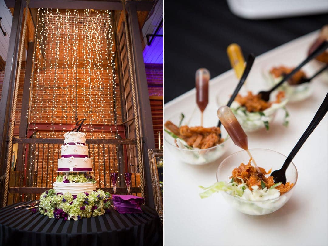 wedding cake in front of christmas lights and creative presentation of bbq