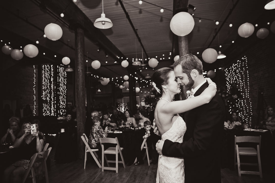 black and white first dance photo at city art